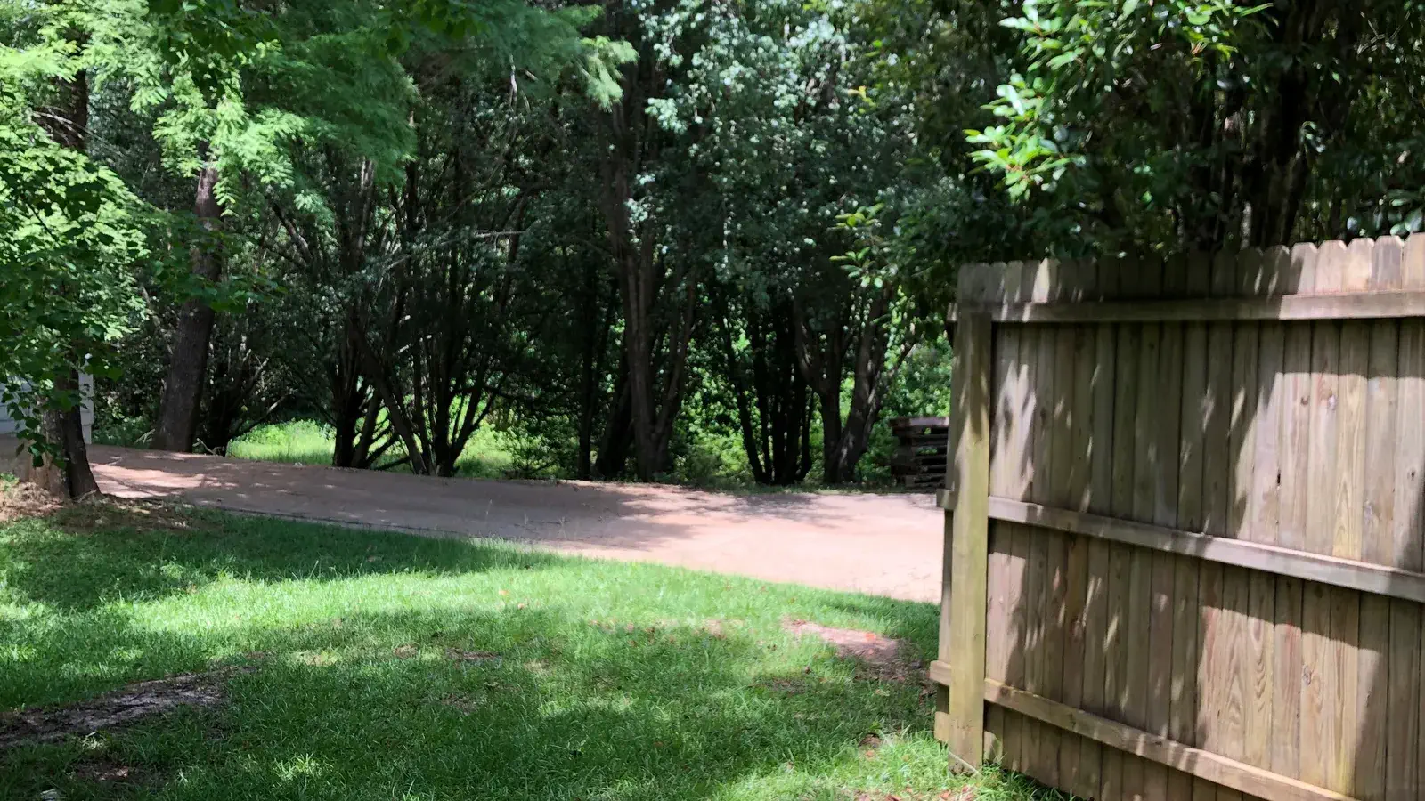 Back lawn with mature trees, a wooden fence, and a brick path